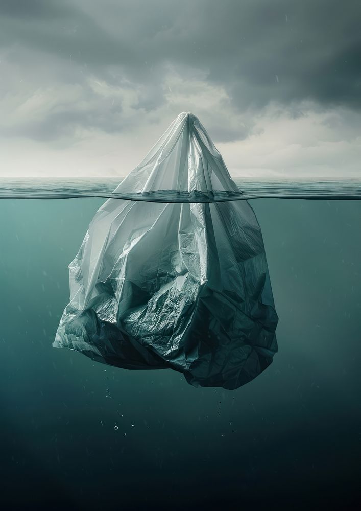Plastic iceberg floating in the sea bag plastic bag outdoors.