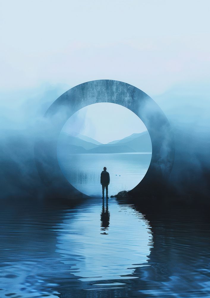 Person standing in the center of circle blue portal silhouette sea photography.