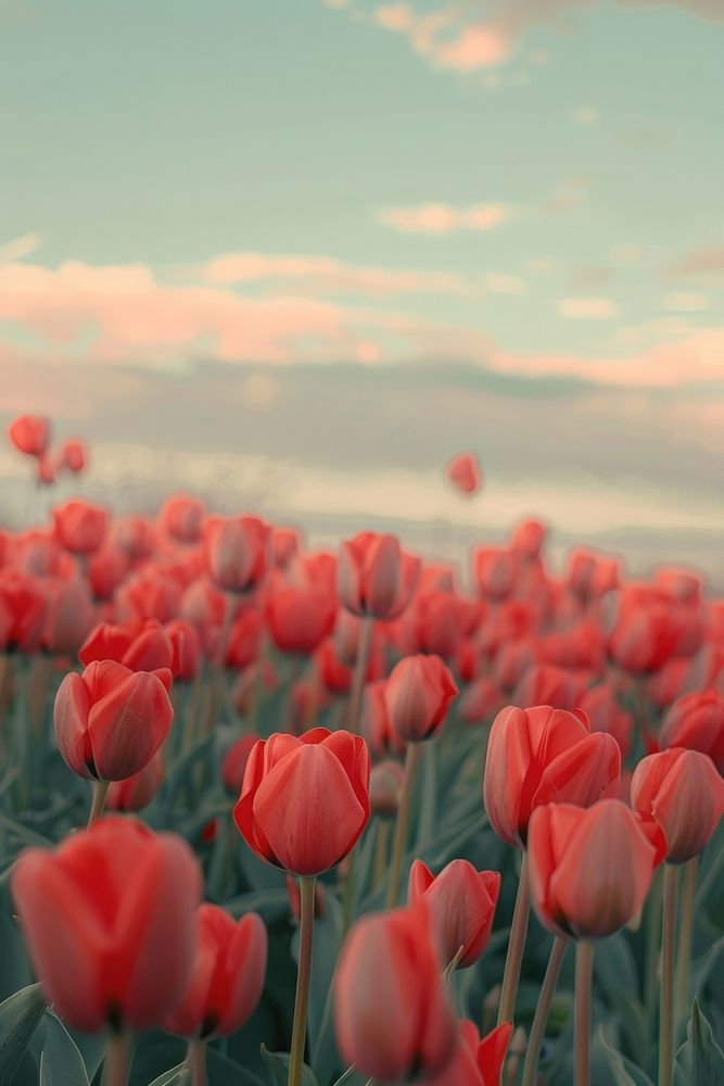 Red blooming tulips sky outdoors blossom.
