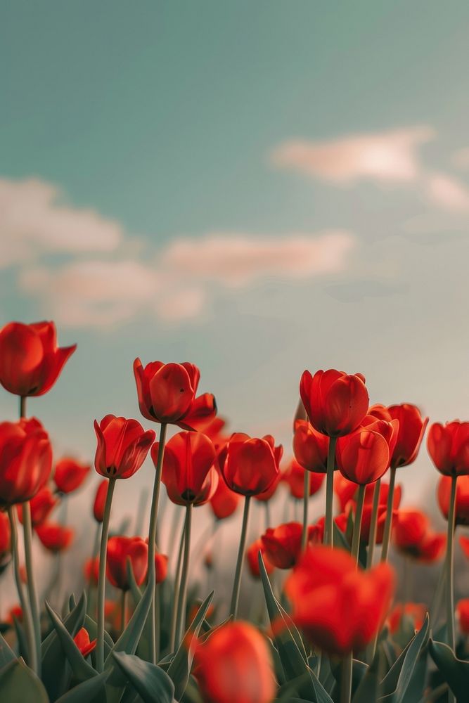 Red blooming tulips sky outdoors blossom.