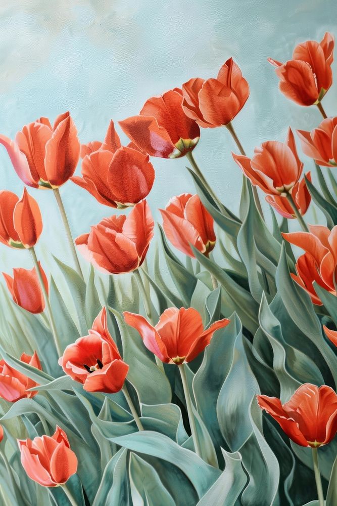 Red blooming tulips painting blossom flower.