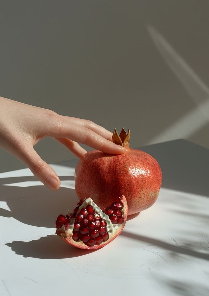 Half of a pomegranate produce person fruit.