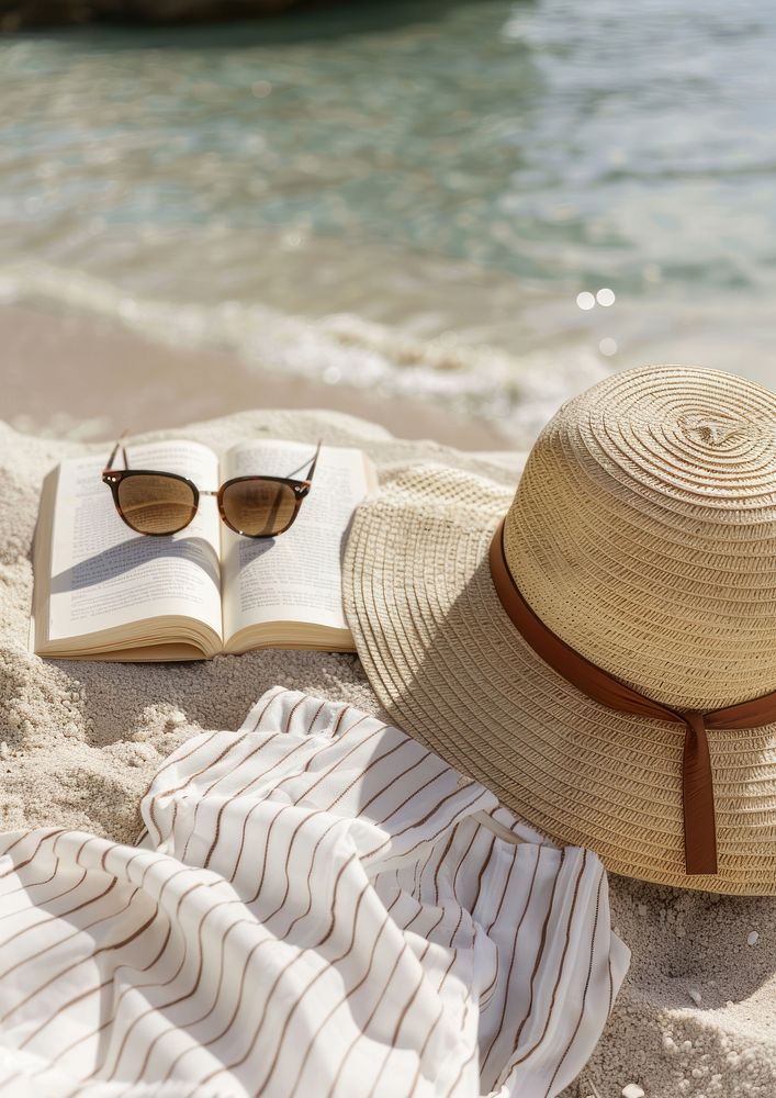 White striped sun dress hat sunbathing beachwear.