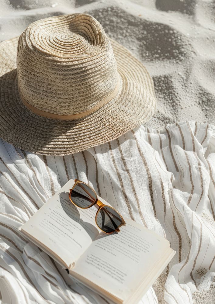 White striped sun dress glasses book hat.