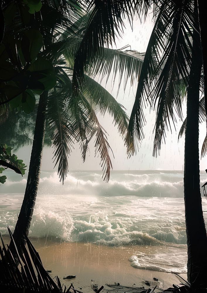 Palm trees sea vegetation shoreline.