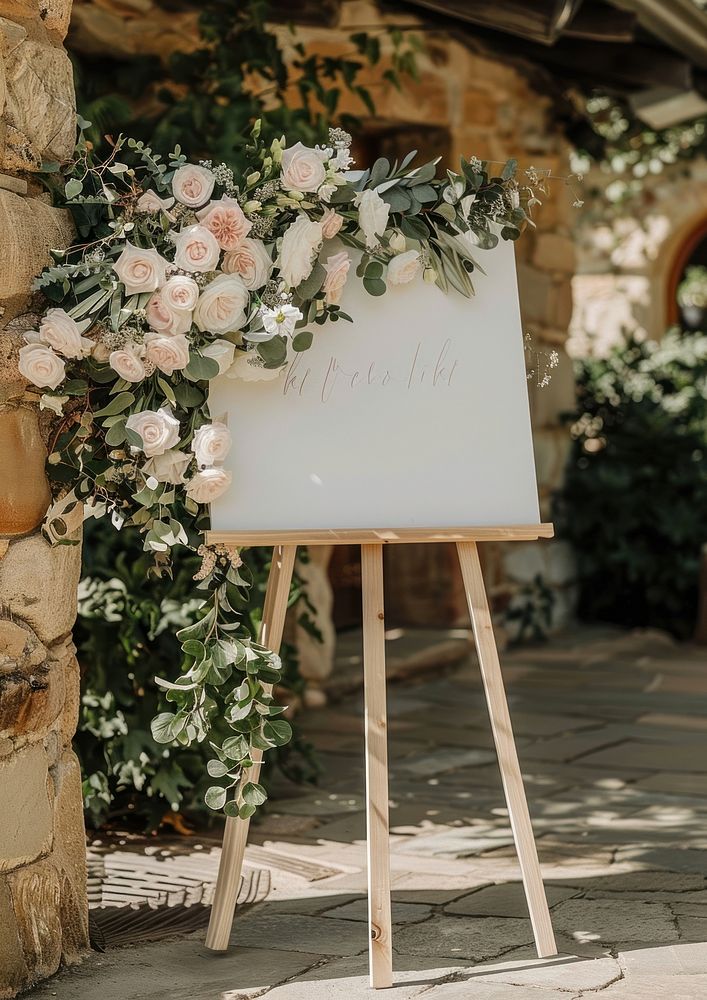 Wooden easel stand wedding reception flowers.