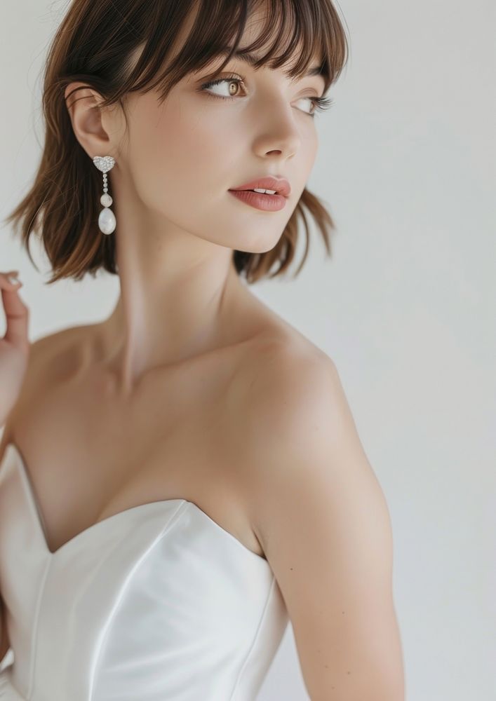 Woman in a white wedding dress shoulder earring photo.
