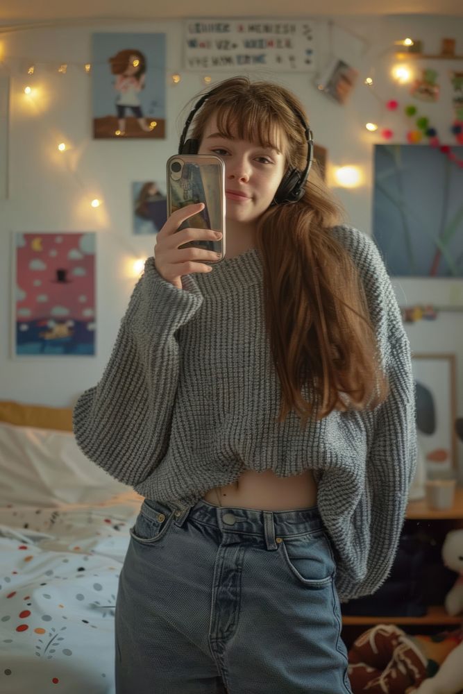 Woman taking a selfie headphones sweater photo.