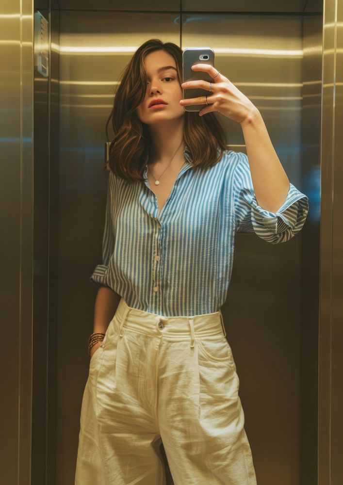 A woman taking a social media selfie elevator pants accessories.