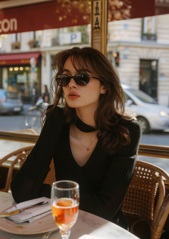 Aesthetic woman sunglasses restaurant photo.