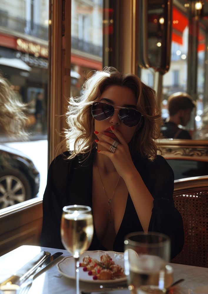 Aesthetic woman with red nails restaurant sunglasses table.