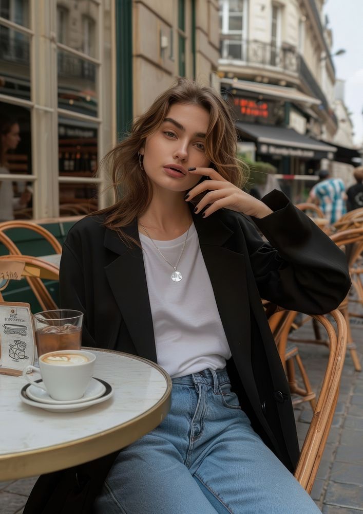 French woman sitting blazer coffee.