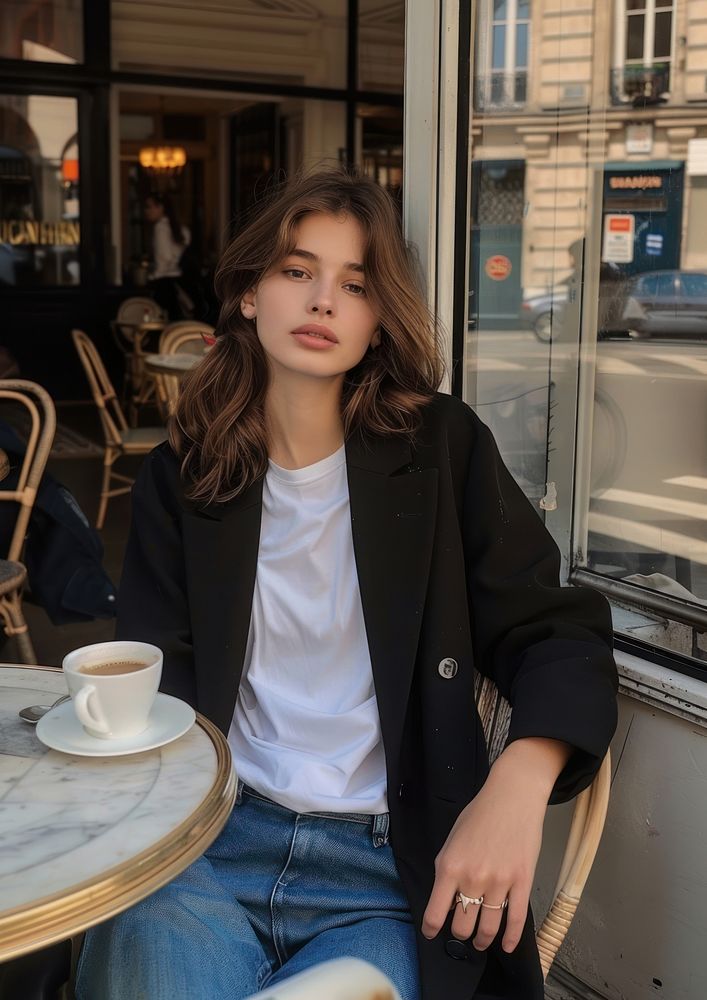 French woman coffee blazer drink.