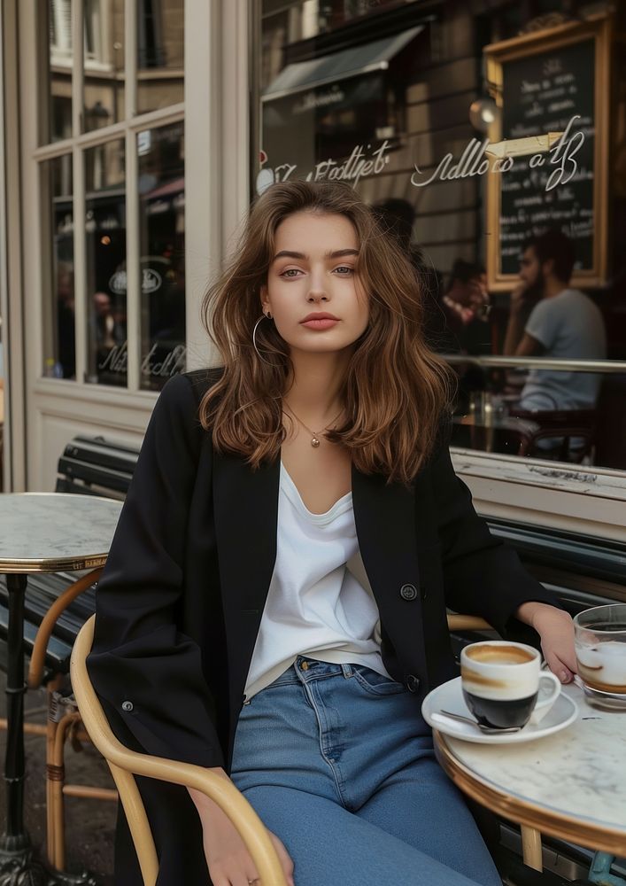 French woman sitting coffee drink.