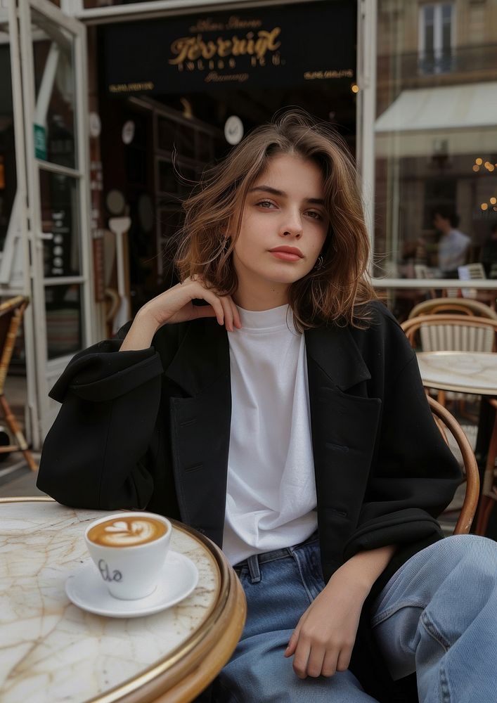 French woman sitting coffee photo.