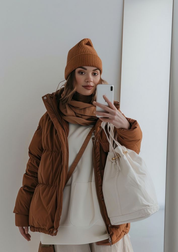 Woman holding a white tote bag clothing apparel person.