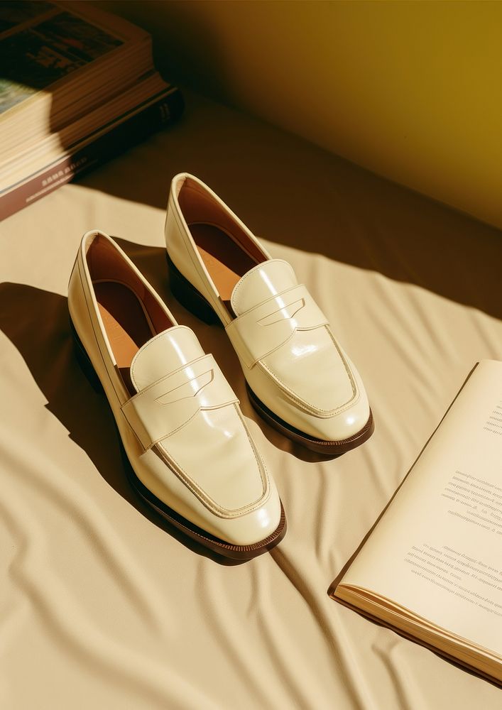 White cream loafers shoe clothing footwear apparel.