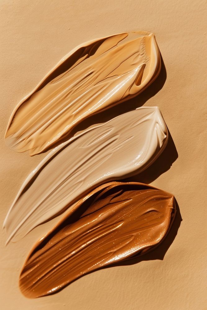 Liquid face foundation swatch in 3 shades of skin tone colors outdoors desert nature.