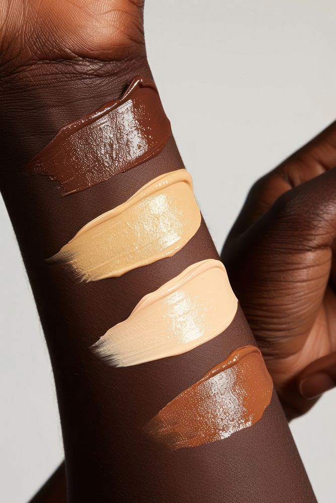 Liquid face foundation swatch in 3 shades of skin tone colors person finger human.