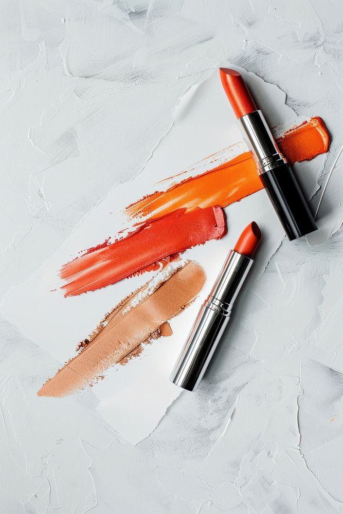 Lipsticks swatch in 3 gloss shades of orange on white paper cosmetics.