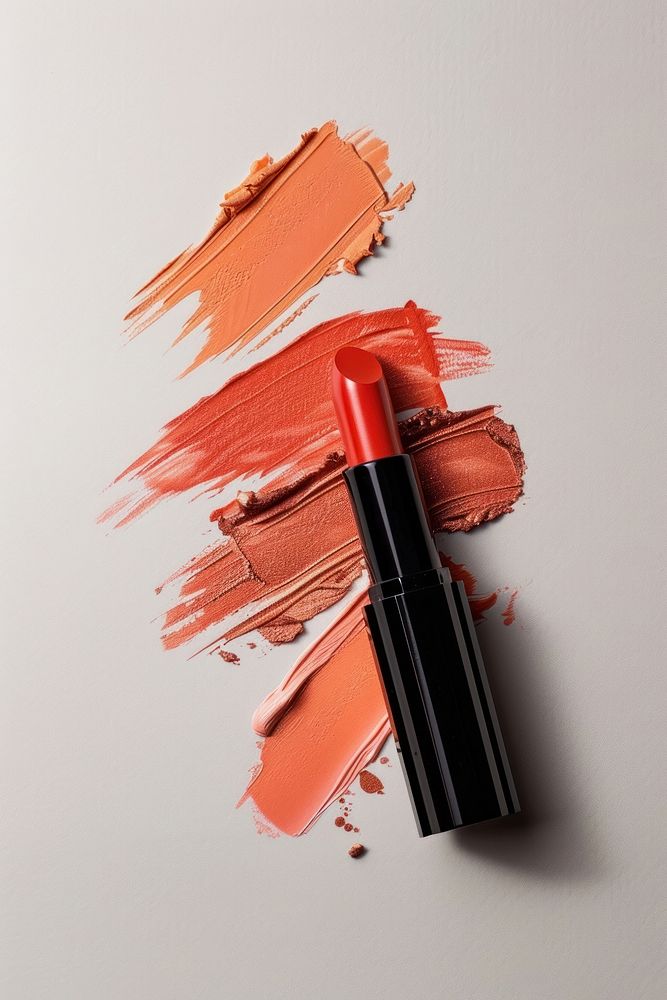 Lipsticks swatch in 3 gloss shades of orange on white paper cosmetics.