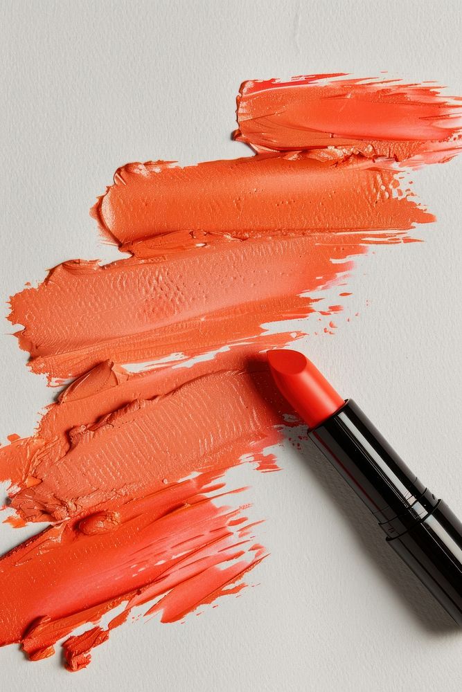 Lipsticks swatch in 3 gloss shades of orange on white paper cosmetics animal shark.
