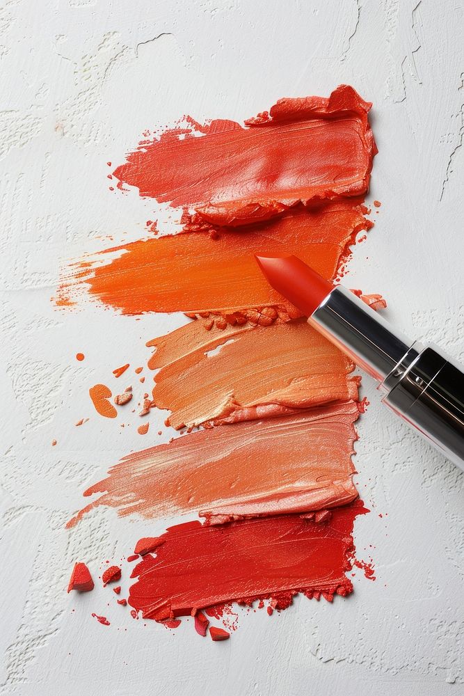 Lipsticks swatch in 3 gloss shades of orange on white paper cosmetics food meat.
