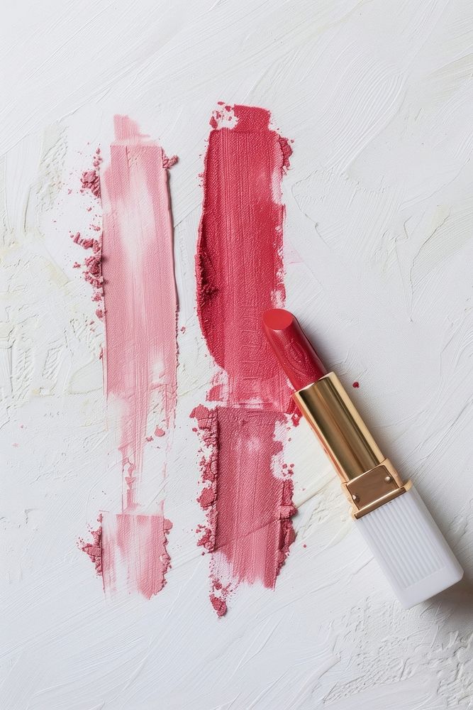 Lipsticks swatch in 3 shades of pink on white paper cosmetics device brush.