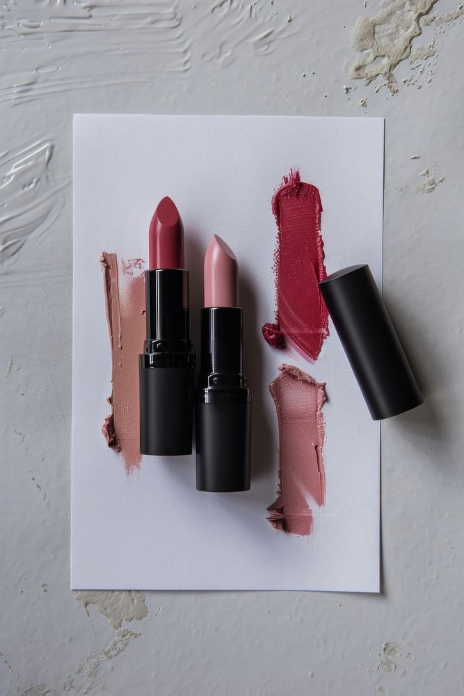 Lipsticks swatch in 3 shades of pink on white paper cosmetics appliance device.
