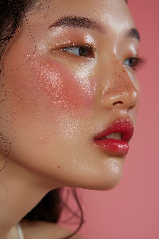 Liquid blush on swatch on asian woman cheek cosmetics lipstick person.