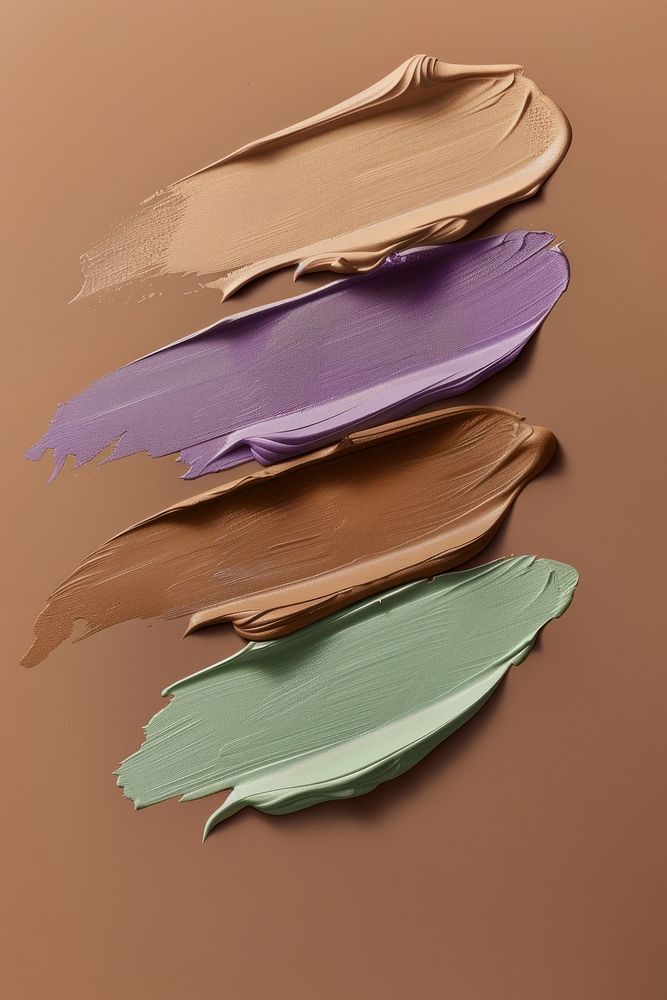 Liquid face foundation swatch in 4 shades of beige brown pale green and purple colors dessert animal plant.