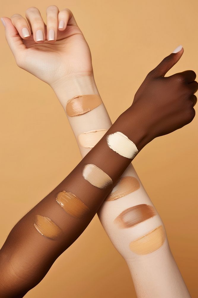 Liquid face foundation swatch in shades of skin tone colors arm person finger.