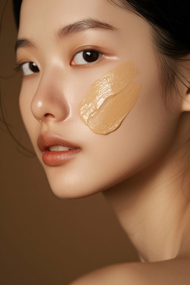 Liquid face foundation swatch on asian woman cheek makeup cosmetics person.