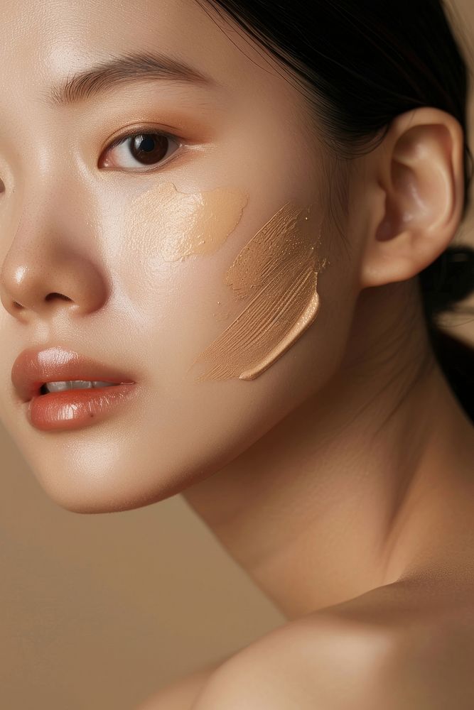 Liquid face foundation swatch on asian woman cheek person female human.