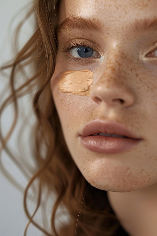 Liquid face foundation swatch on woman cheek skin freckle person.