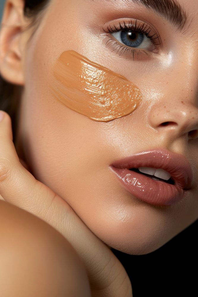 Liquid face foundation swatch on woman cheek makeup skin cosmetics.