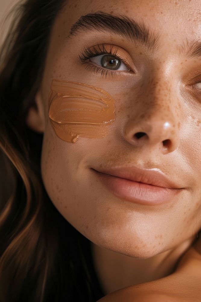 Liquid face foundation swatch on woman cheek skin person female.