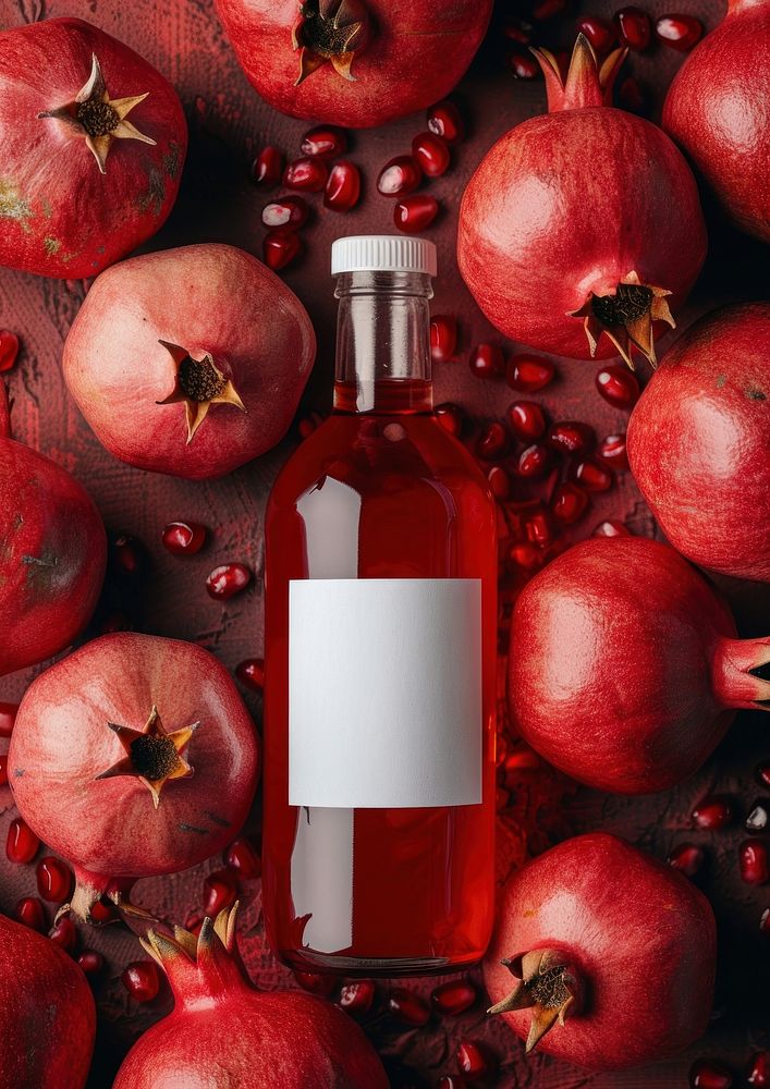 Bottle of pomegranate juice produce animal fruit.