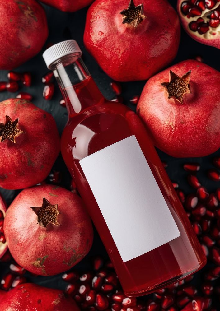 Bottle of pomegranate juice produce fruit plant.