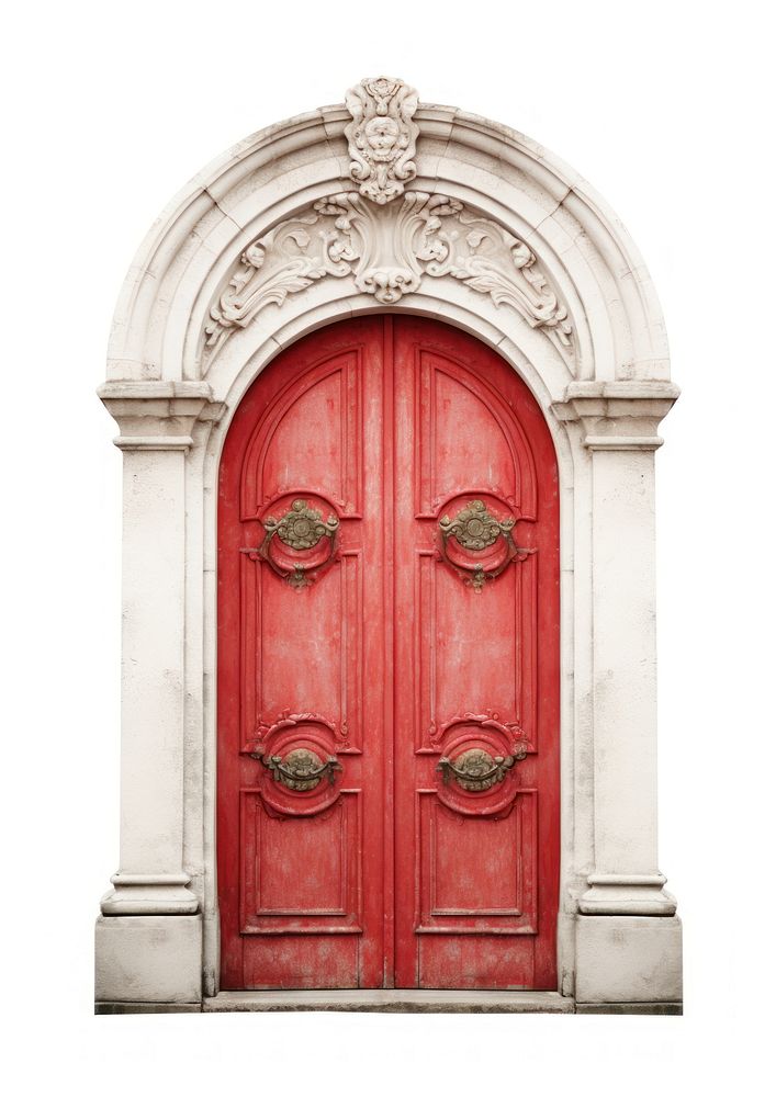 Front the door vintage red color style isolated architecture arched person.