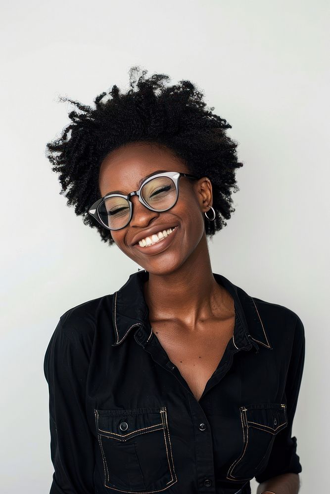 Happy cheerful Afro American woman glasses photo photography.