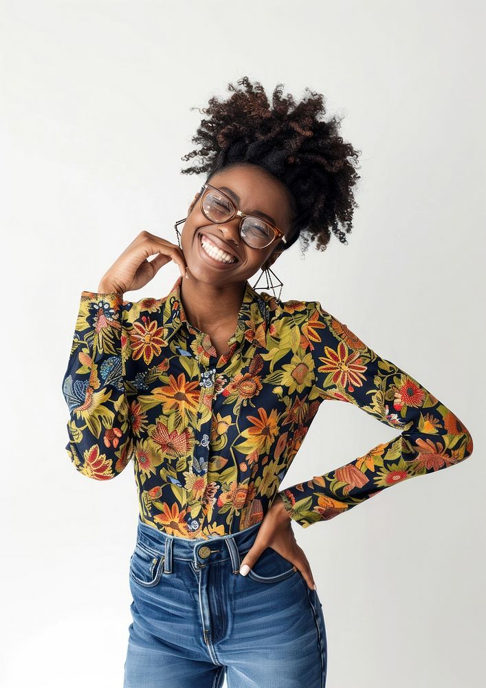 Happy cheerful Afro American woman clothing apparel sleeve.