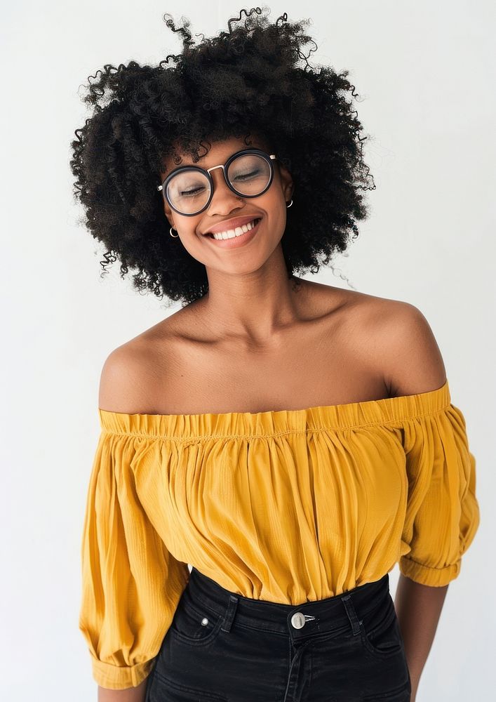 Happy cheerful Afro American woman photo photography clothing.