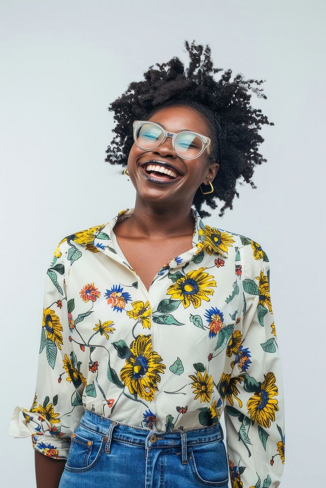Happy cheerful Afro American woman glasses accessories accessory.