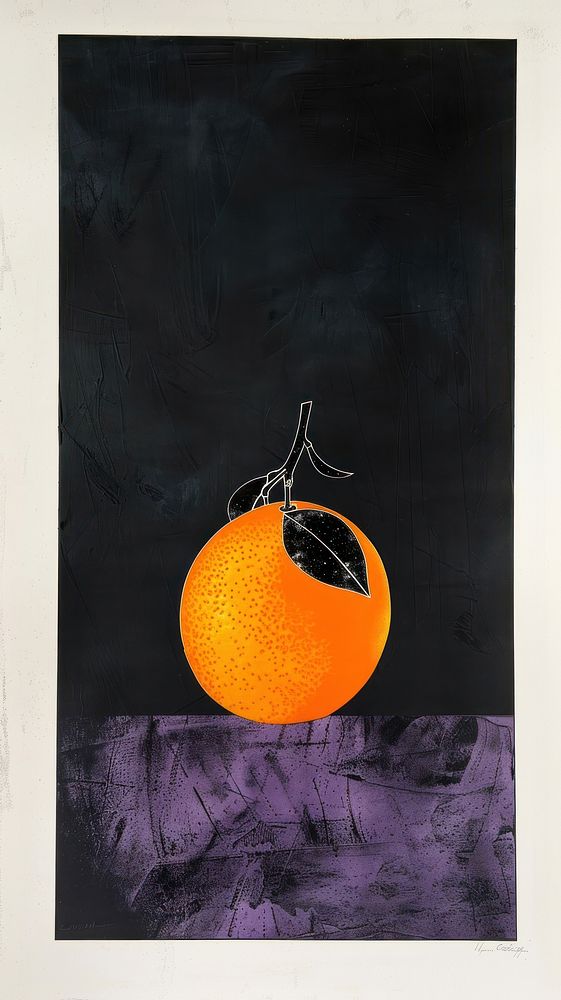 Silkscreen on paper of a orange fruit grapefruit blackboard produce.