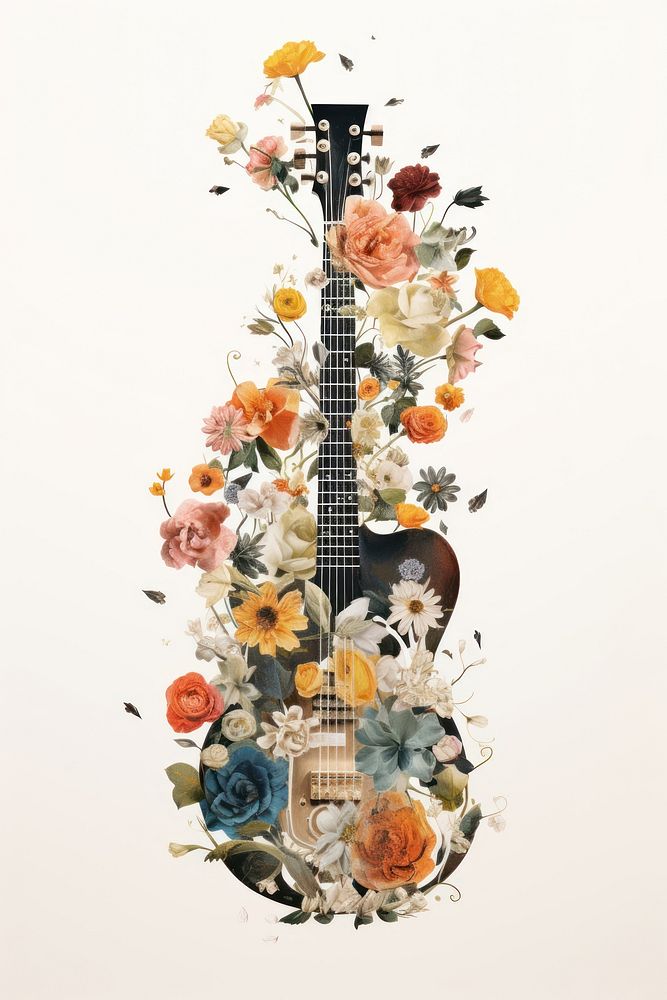 Flower Collage person holding guitar pattern flower graphics.