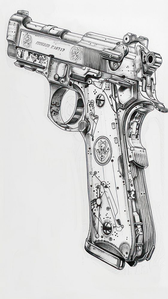 Ink drawing gun illustrated weaponry firearm.