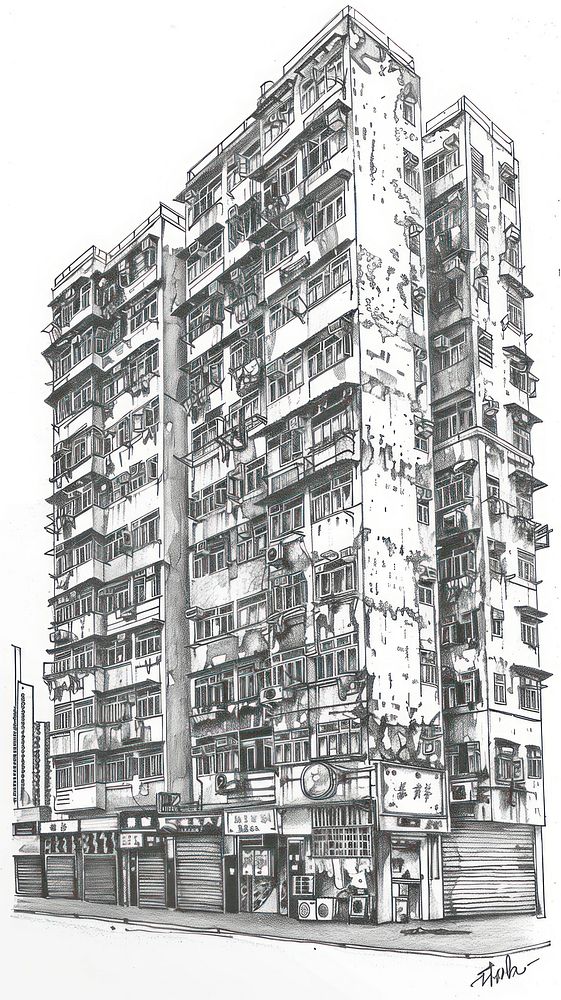 Ink drawing hong kong architecture illustrated building.