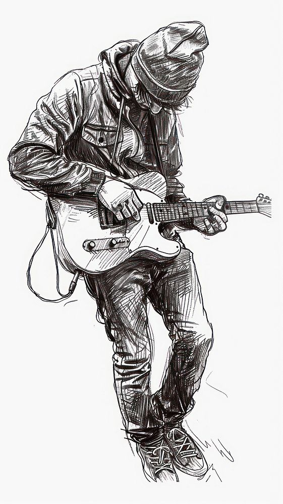 Ink drawing person holding guitar illustrated sketch adult.