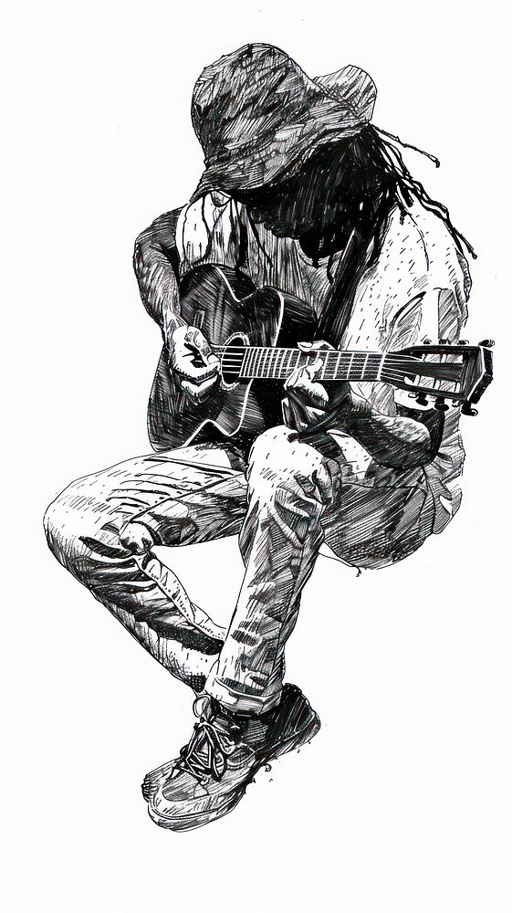 Ink drawing person holding guitar hat illustrated recreation.